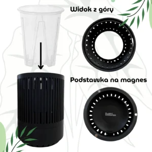 Osłonka dla doniczki oddychającej 10cm Czarna – nowoczesna, wentylowana, z magnetycznym mocowaniem podstawki